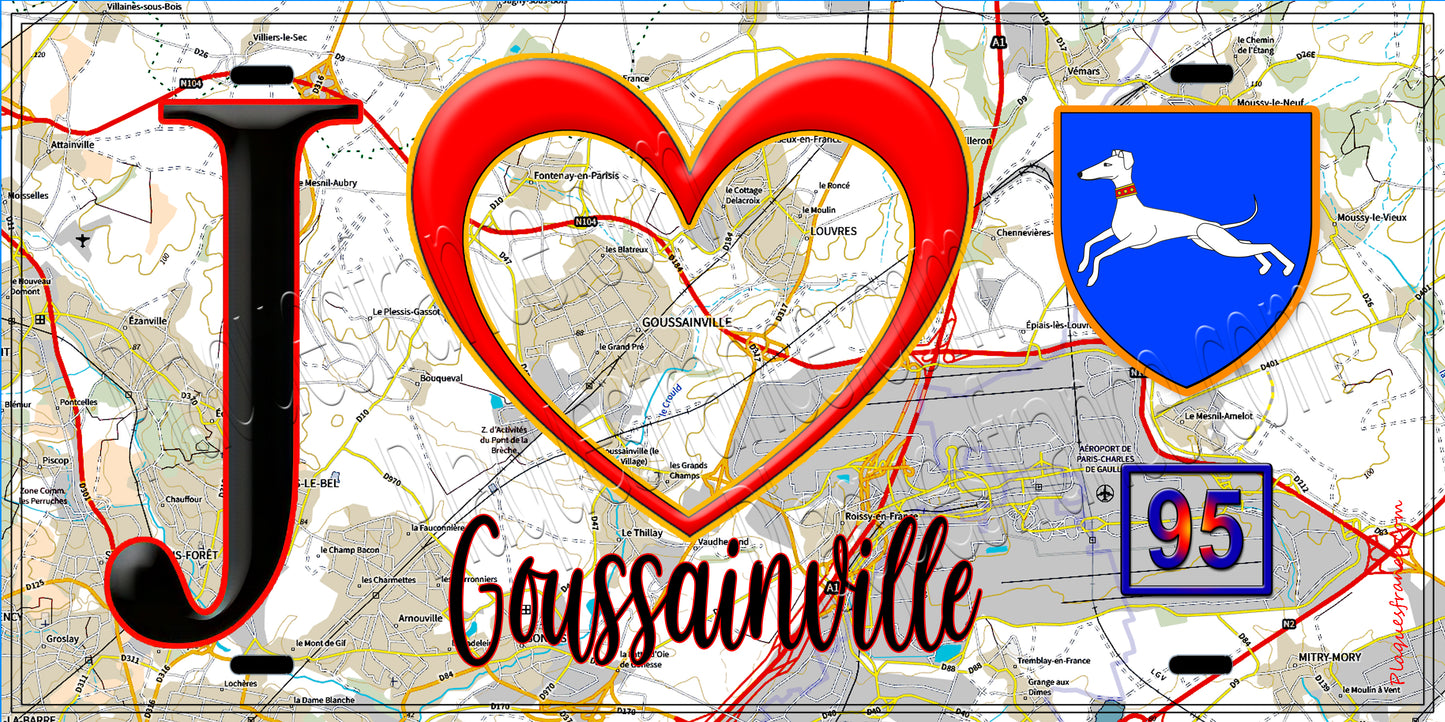 Plaque métal décorative J' ❤️Goussainville, Val d'Oise (95) carte