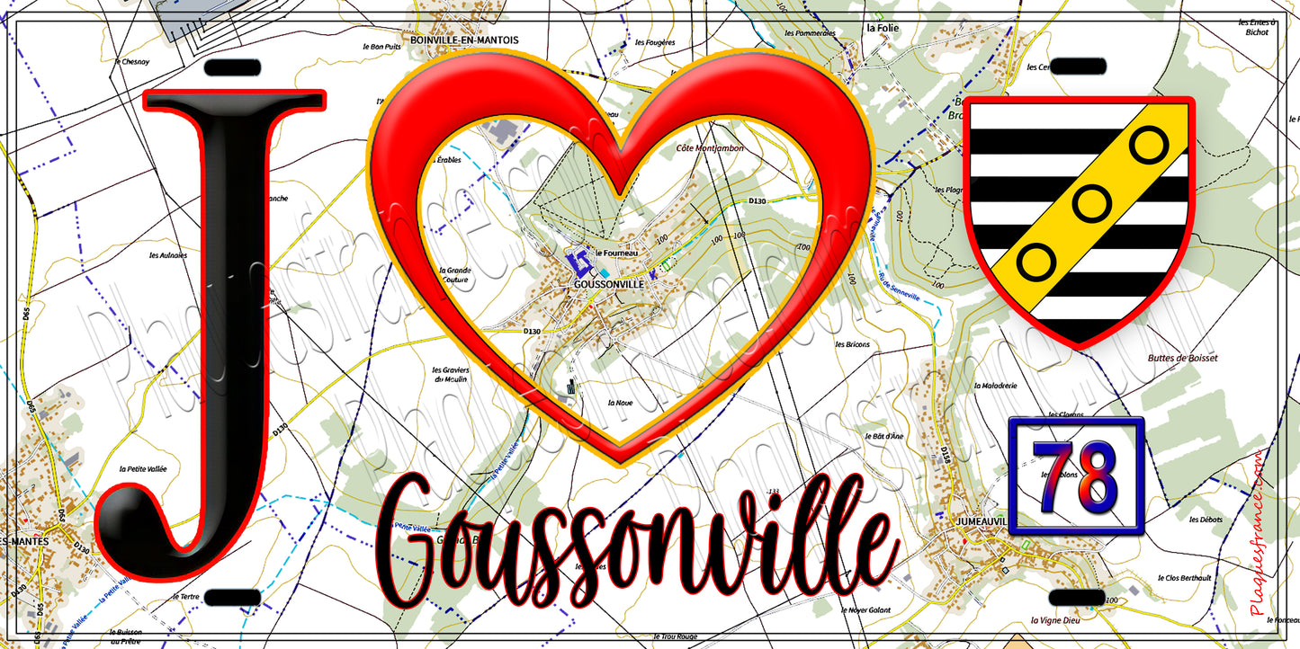 Plaque métal décorative J' ❤️ Goussonville, Yvelines (78) fond carte