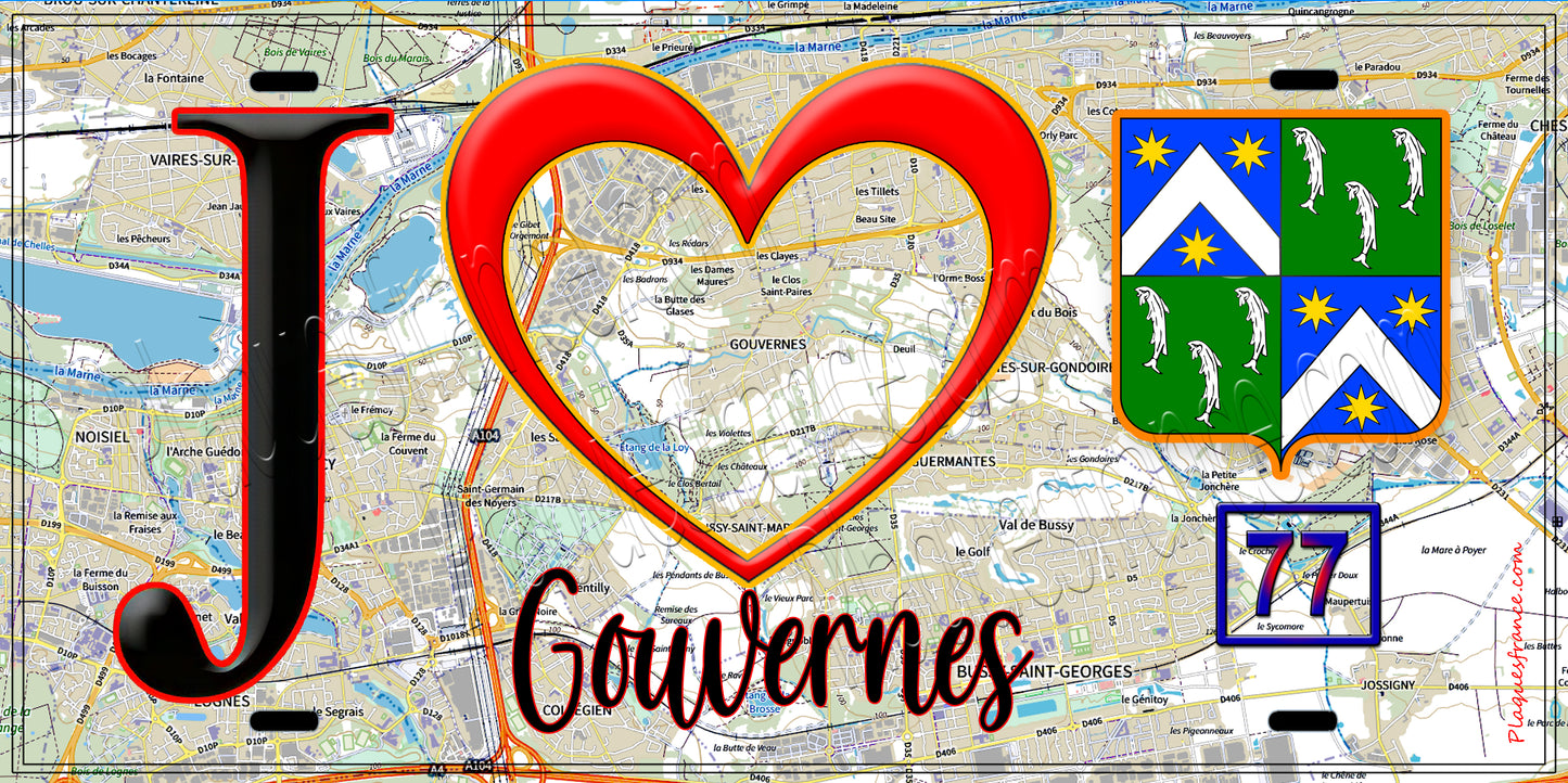 Plaque métal décorative J' ❤️Gouvernes, Seine et Marne (77) fond carte