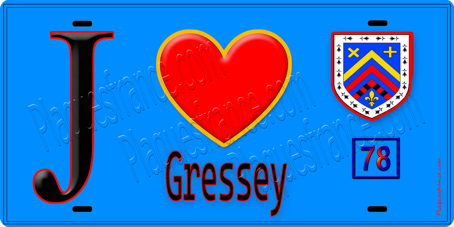 Plaque métal décorative J' ❤️ Gressey, Yvelines (78) fond bleu