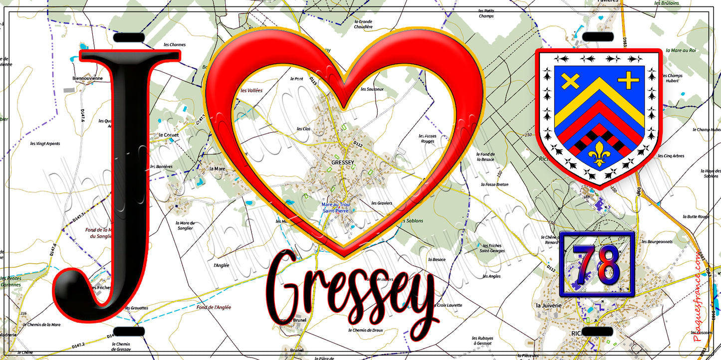 Plaque métal décorative J' ❤️ Gressey, Yvelines (78) fond carte