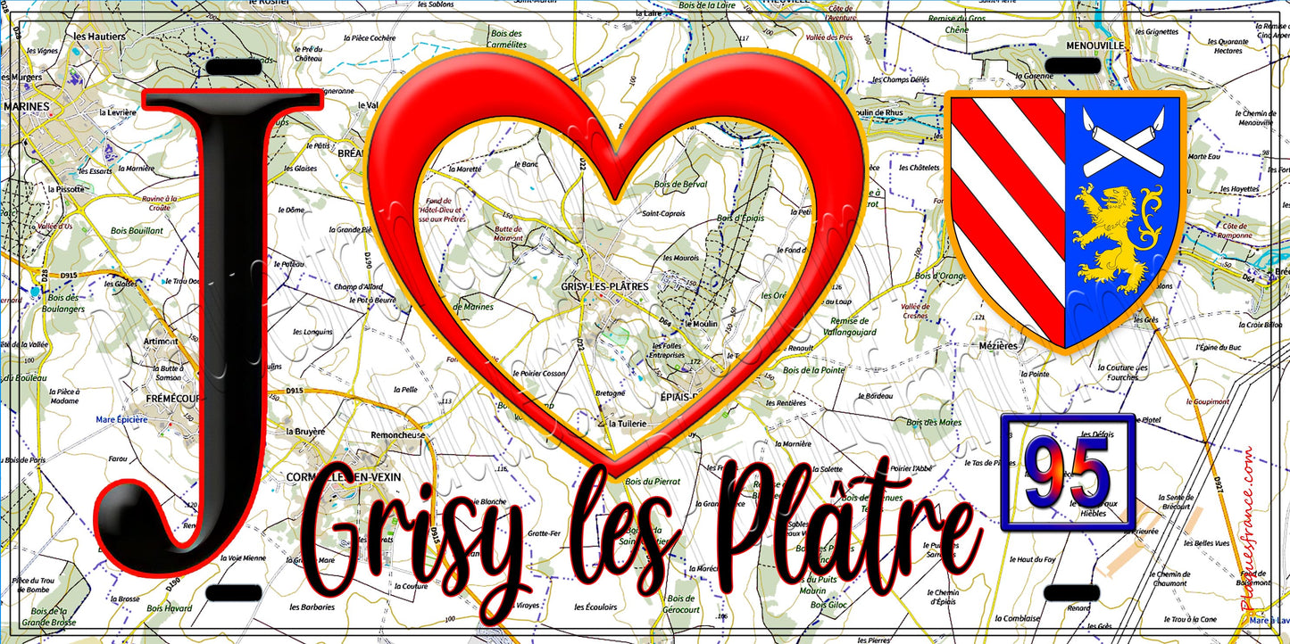 Plaque métal décorative J' ❤️Grisy-les-Plâtres, Val d'Oise (95) fod carte