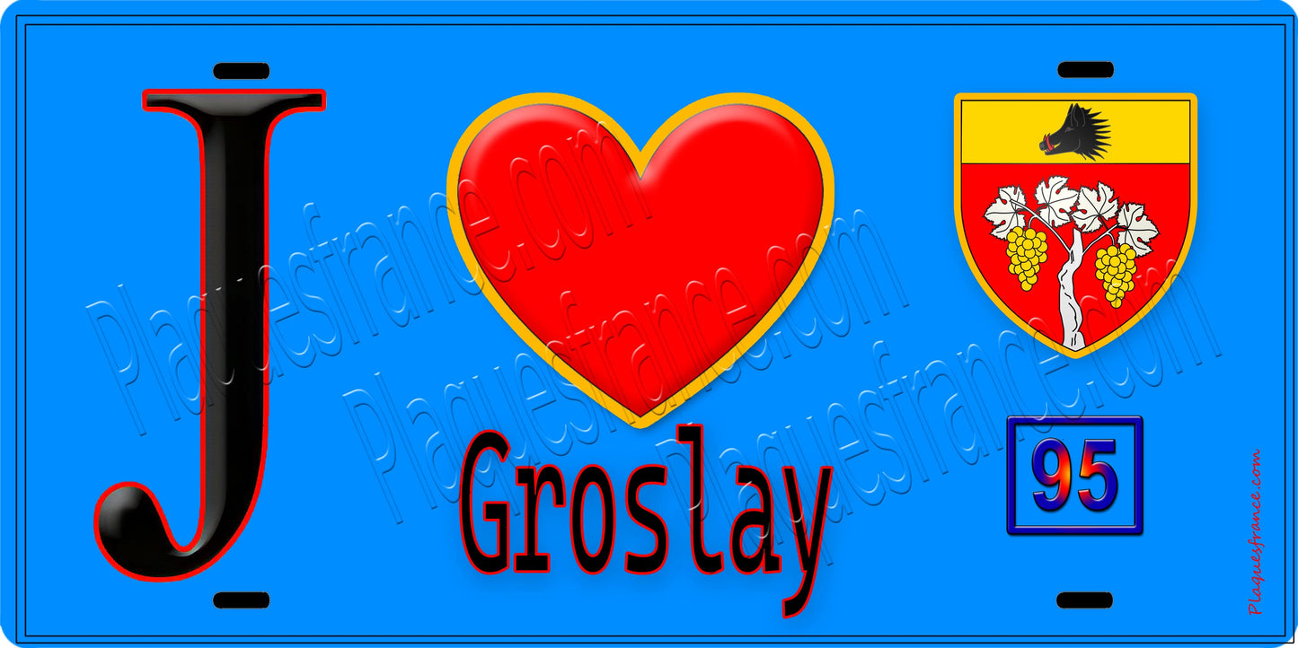 Plaque métal décorative J' ❤️Groslay, Val d'Oise (95) fond bleu