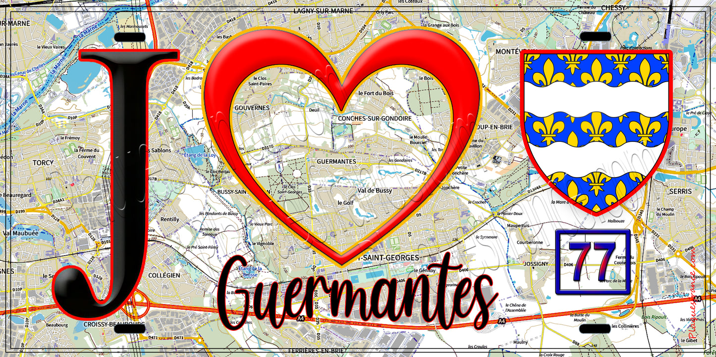 Plaque métal décorative J' ❤️Guermantes, Seine et Marne (77) fond carte