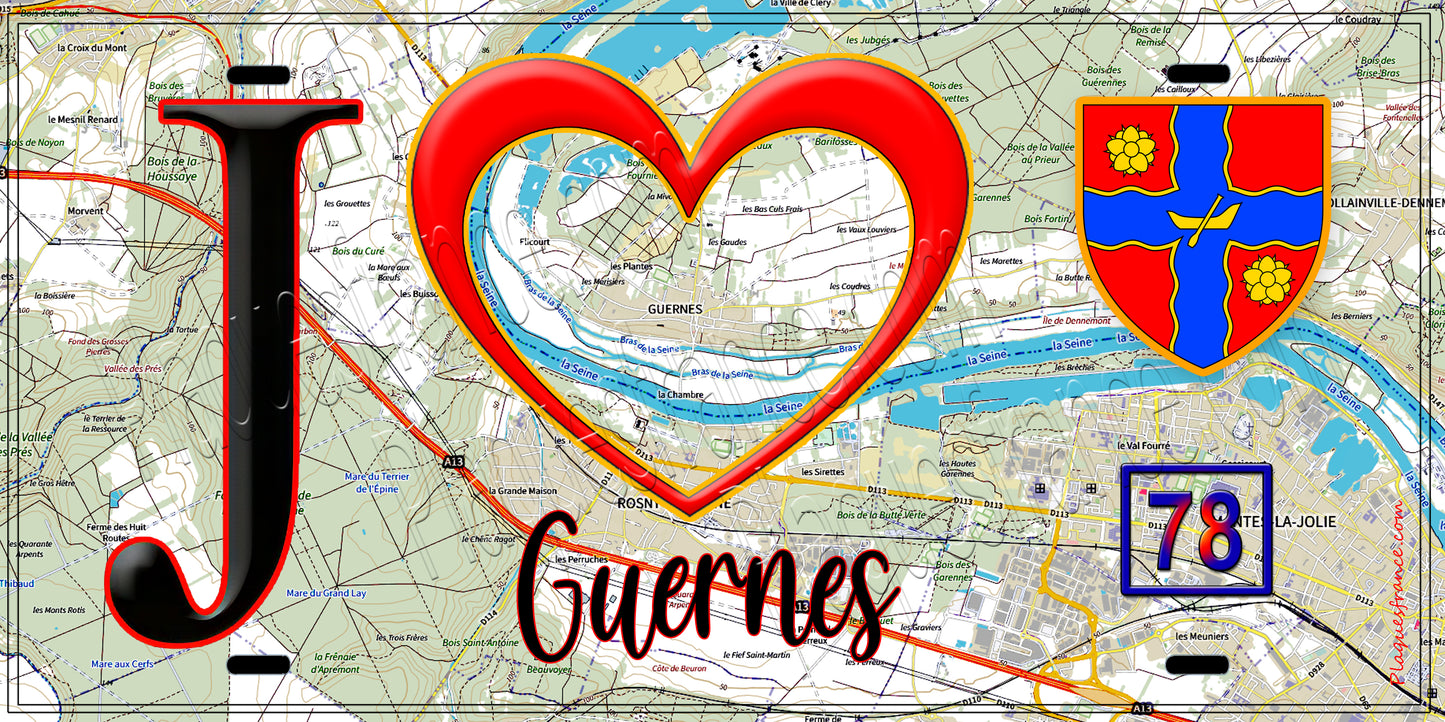 Plaque métal décorative J' ❤️ Guernes, Yvelines (78) fond carte
