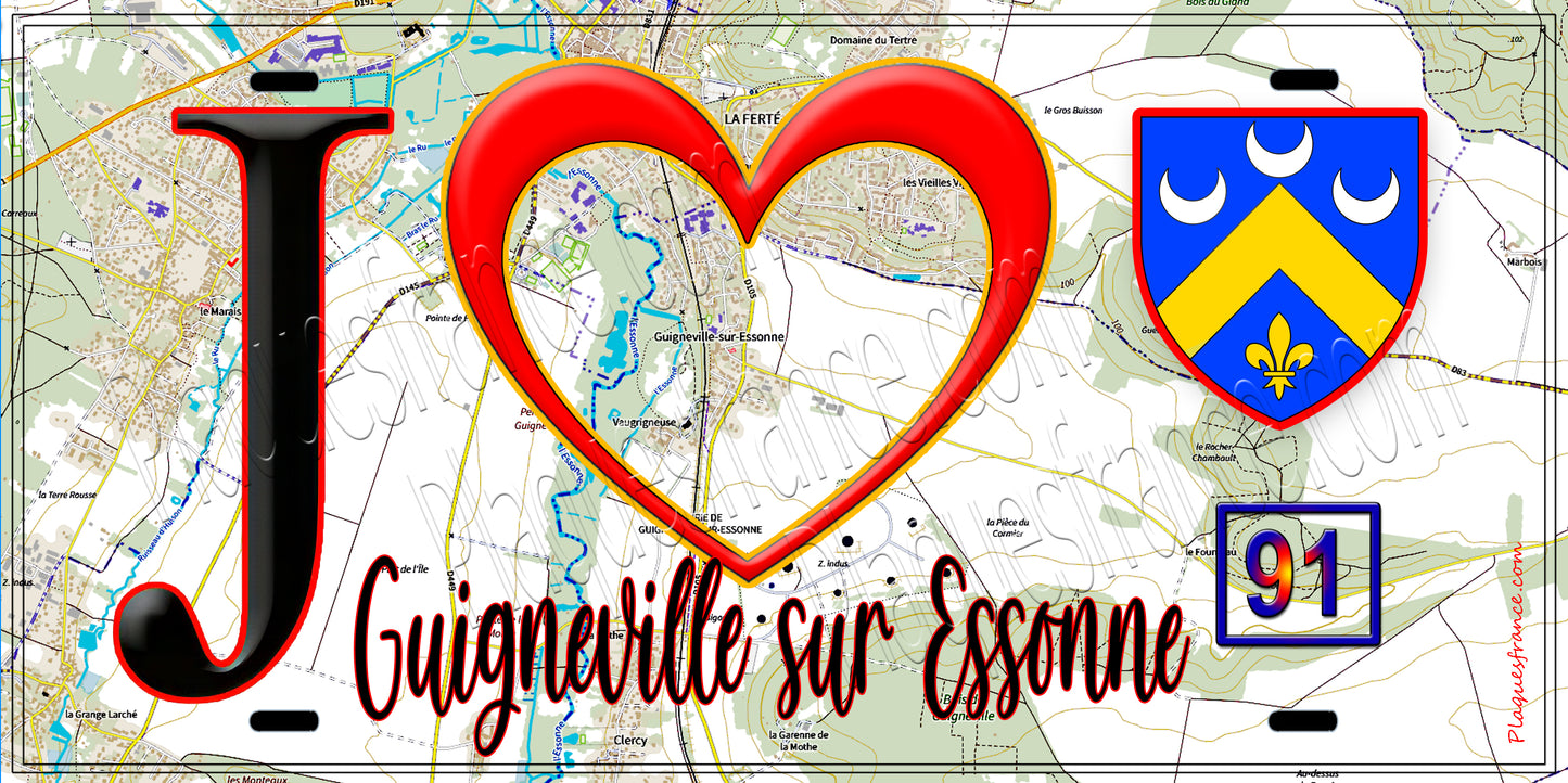 Plaque métal décorative J' ❤️Guigneville-sur-Essonne, Essonne (91) fond carte