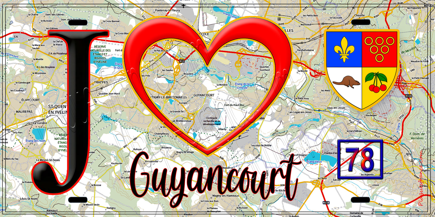Plaque métal décorative J' ❤️ Guyancourt, Yvelines (78) fond carte