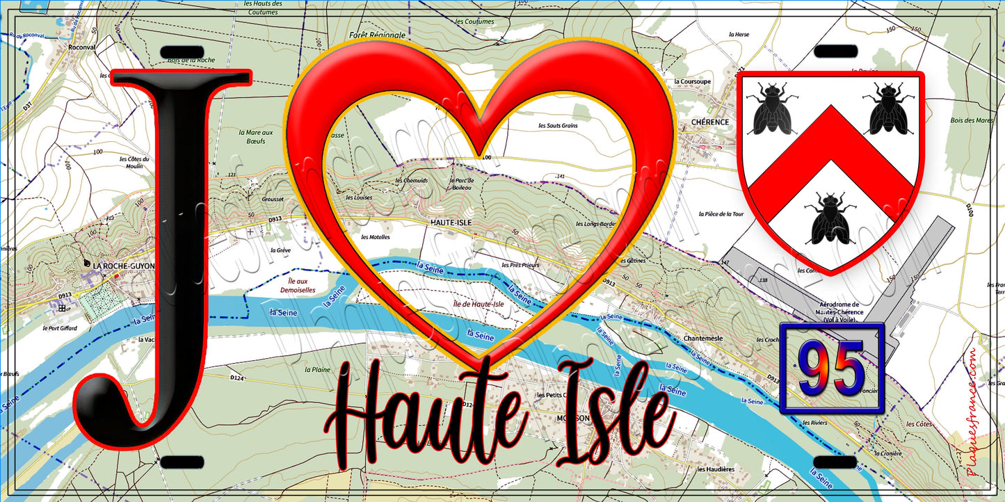 Plaque métal décorative J' ❤️Haute-Isle, Val d'Oise (95) fond carte