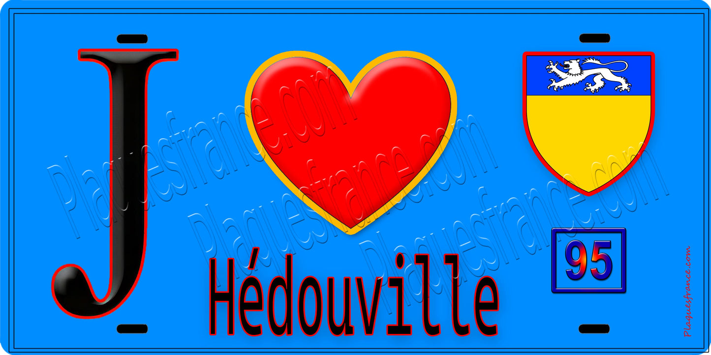 Plaque métal décorative J' ❤️Hédouville, Val d'Oise (95) fond bleu