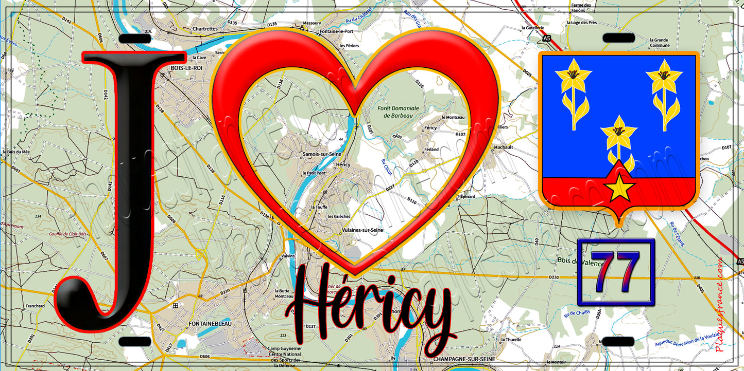 Plaque métal décorative J' ❤️Héricy, Seine et Marne (77) fond carte