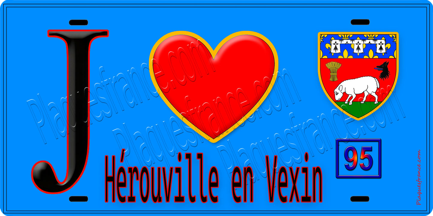 Plaque métal décorative J' ❤️Hérouville-en-Vexin, Val d'Oise (95) fond bleu