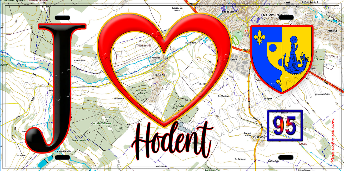 Plaque métal décorative J' ❤️Hodent, Val d'Oise (95) fond carte