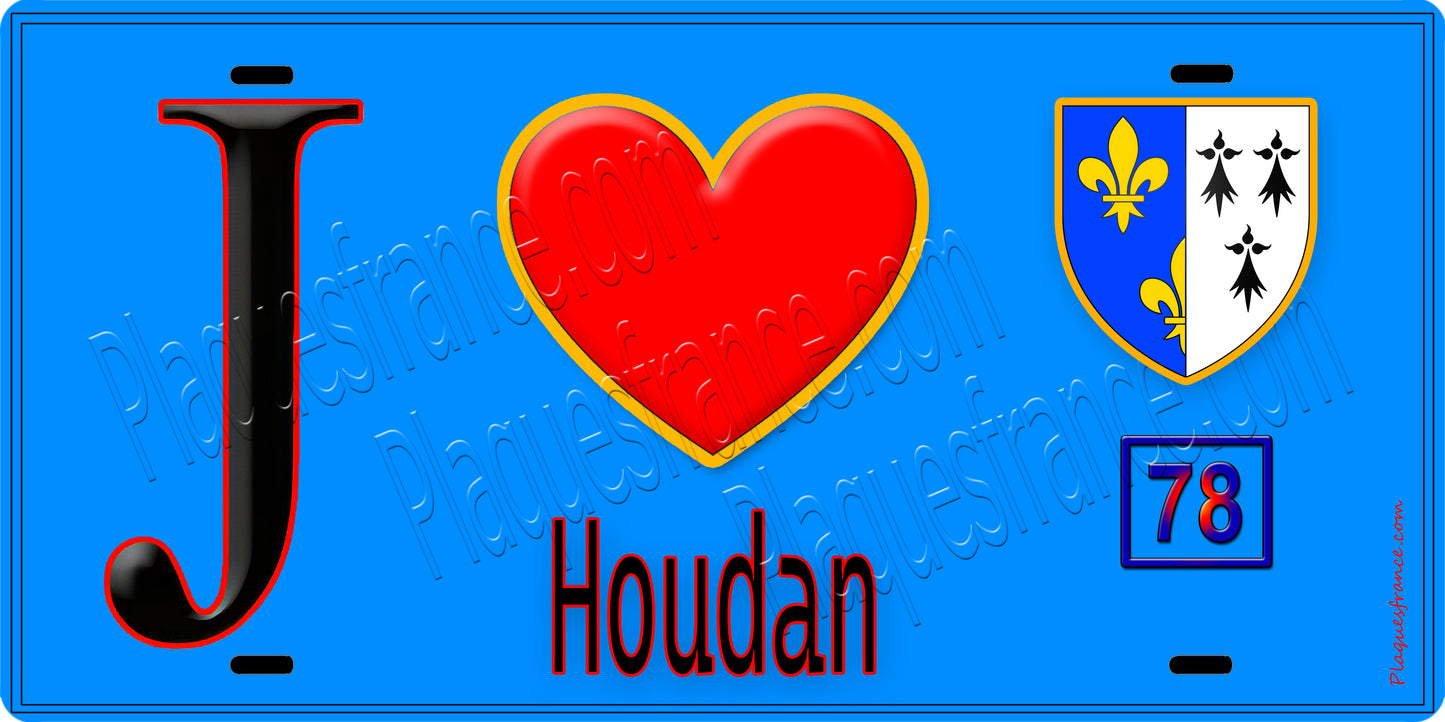 Plaque métal décorative J' ❤️ Houdan, Yvelines (78) fond bleu