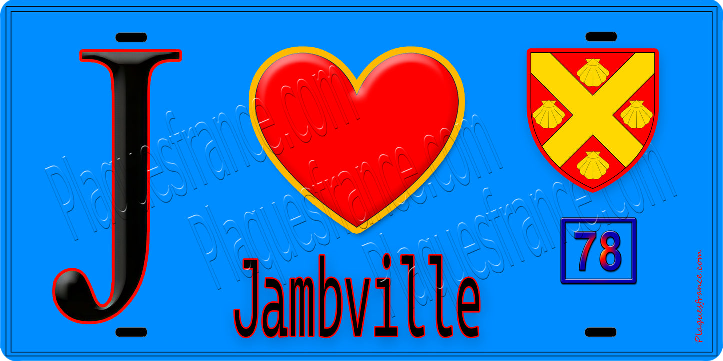 Plaque métal décorative J' ❤️ Jambville, Yvelines (78) fond bleu