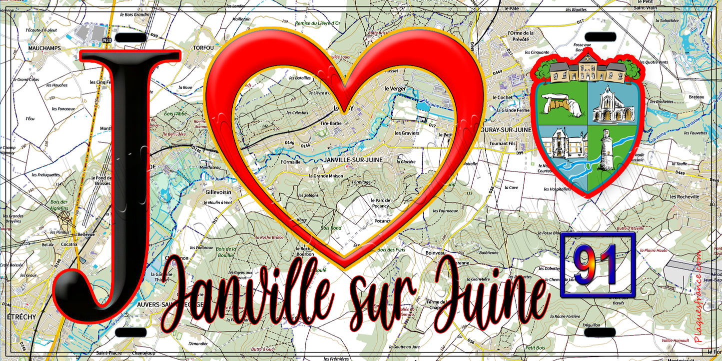 Plaque métal décorative J' ❤️Janville-sur-Juine, Essonne (91) fond carte