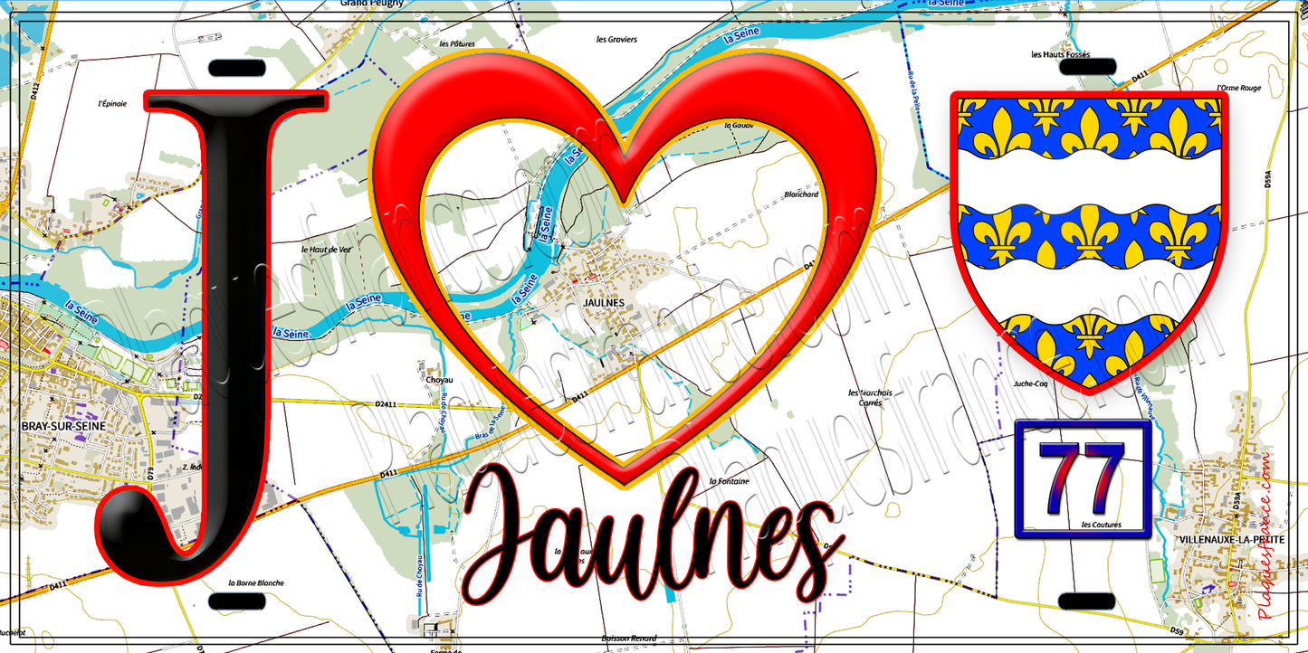 Plaque métal décorative J' ❤️Jaulnes, Seine et Marne (77) fond carte