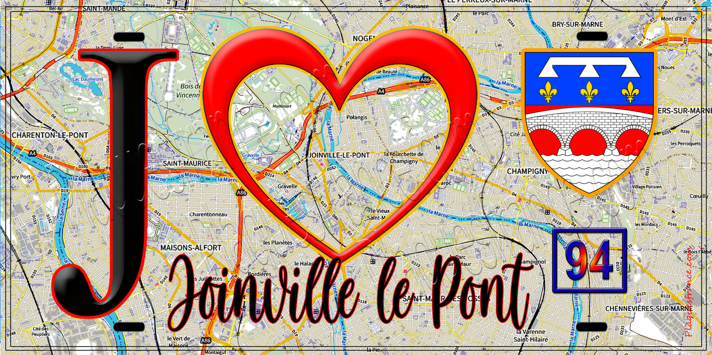 Plaque métal décorative J' ❤️Joinville-le-Pont, Val de Marne (94) fond carte