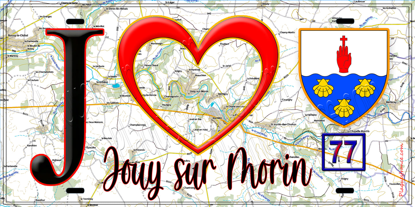Plaque métal décorative J' ❤️Jouy-sur-Morin, Seine et Marne (77) fond carte