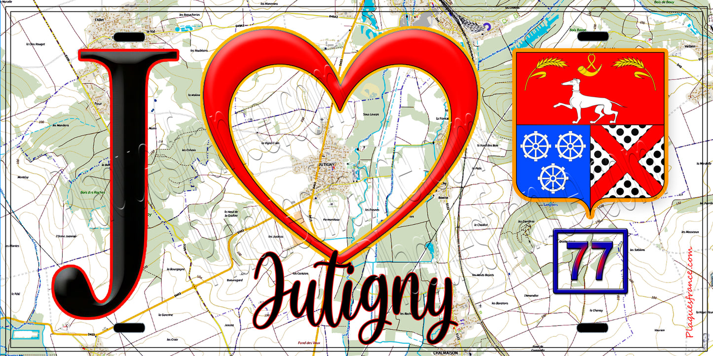 Plaque métal décorative J' ❤️Jutigny, Seine et Marne (77) fond carte