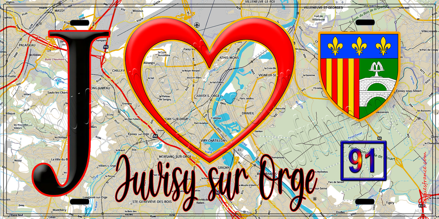 Plaque métal décorative J' ❤️Juvisy-sur-Orge, Essonne (91) fond carte