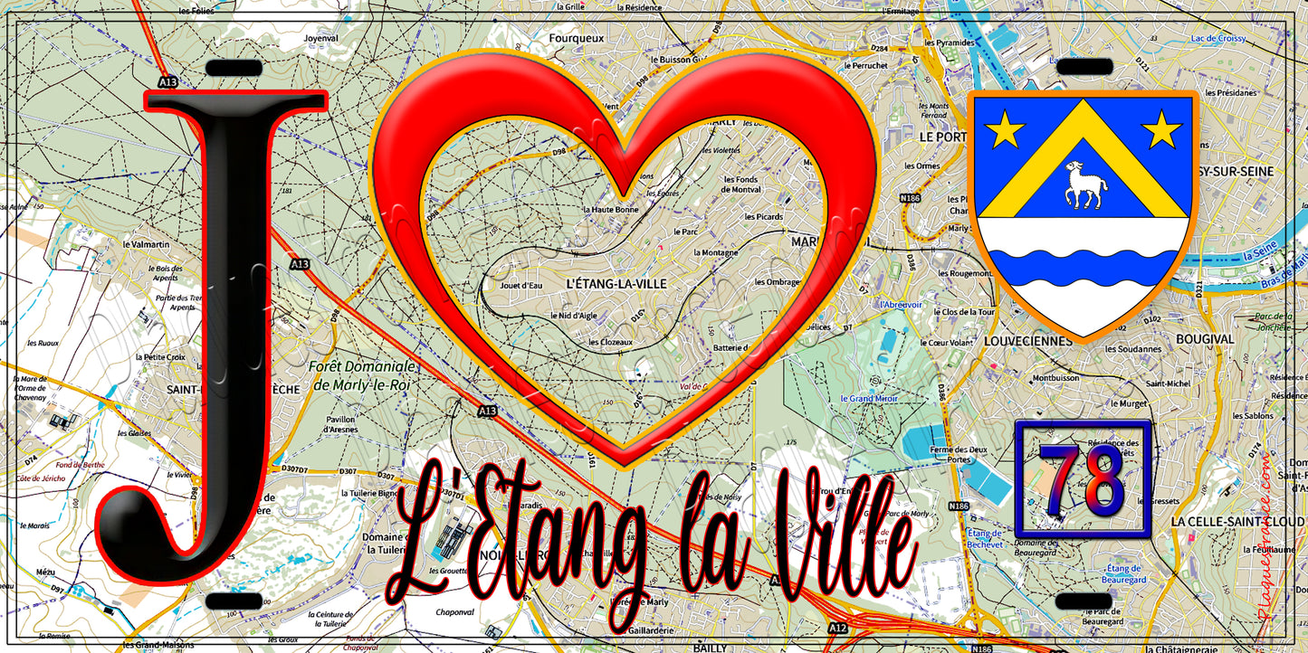 Plaque métal décorative J' ❤️ L'Étang-la-Ville, Yvelines (78) fond carte