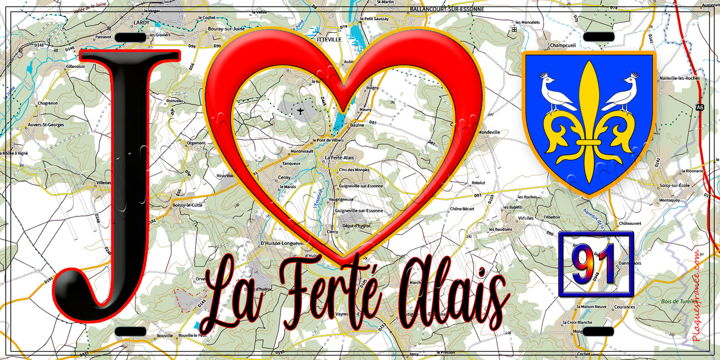 Plaque métal décorative J' ❤️La Ferté-Alais, Essonne (91) fond carte