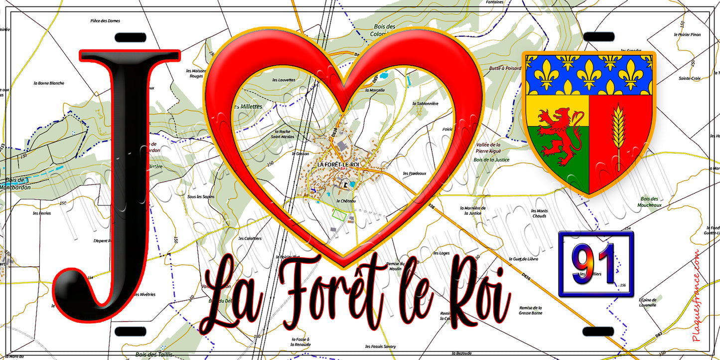 Plaque métal décorative J' ❤️La Forêt-le-Roi, Essonne (91) fond carte