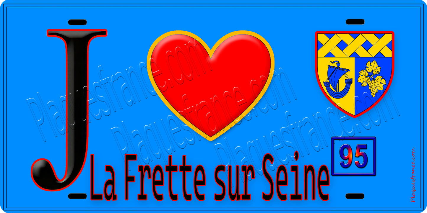 Plaque métal décorative J' ❤️La Frette-sur-Seine, Val d'Oise (95) fond bleu