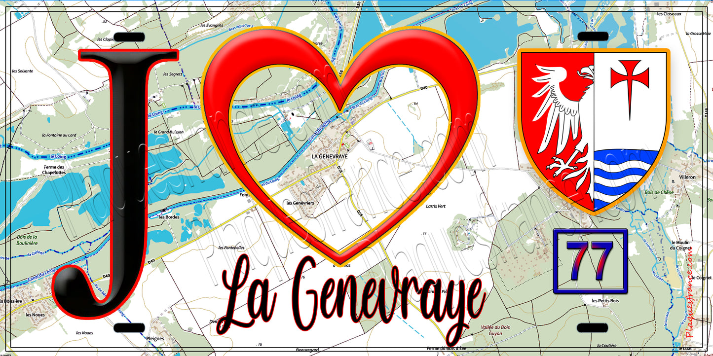 Plaque métal décorative J' ❤️La Genevraye, Seine et Marne (77) fond carte