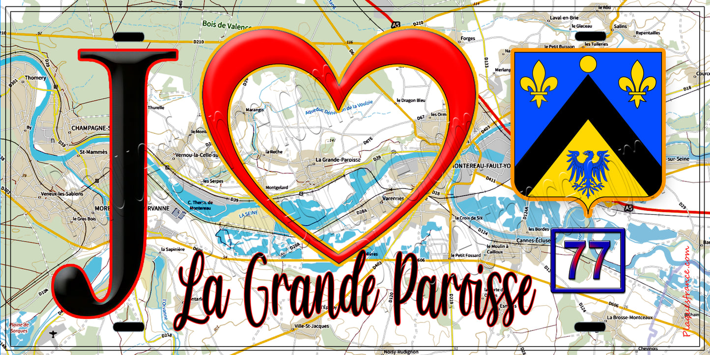 Plaque métal décorative J' ❤️La Grande-Paroisse, Seine et Marne (77) fond carte