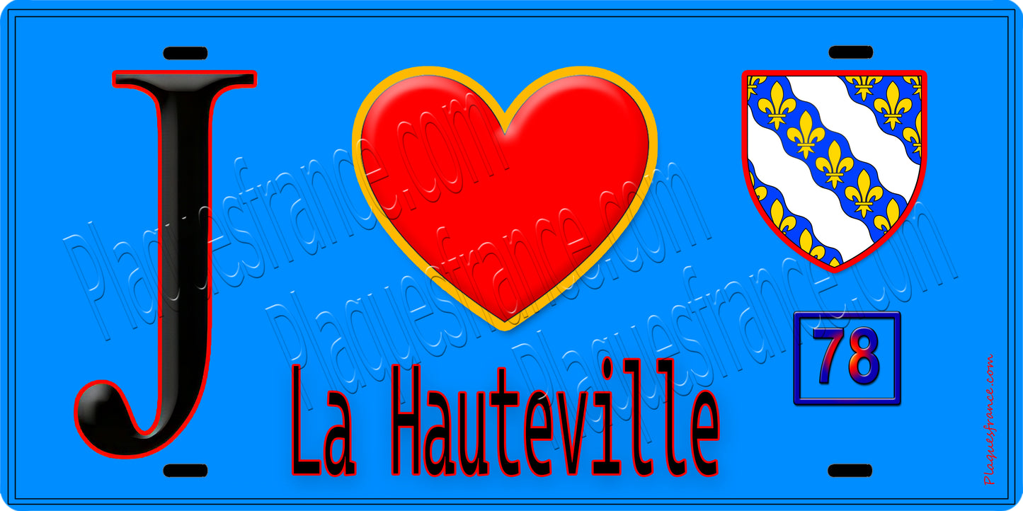 Plaque métal décorative J' ❤️ La Hauteville, Yvelines (78) fond bleu