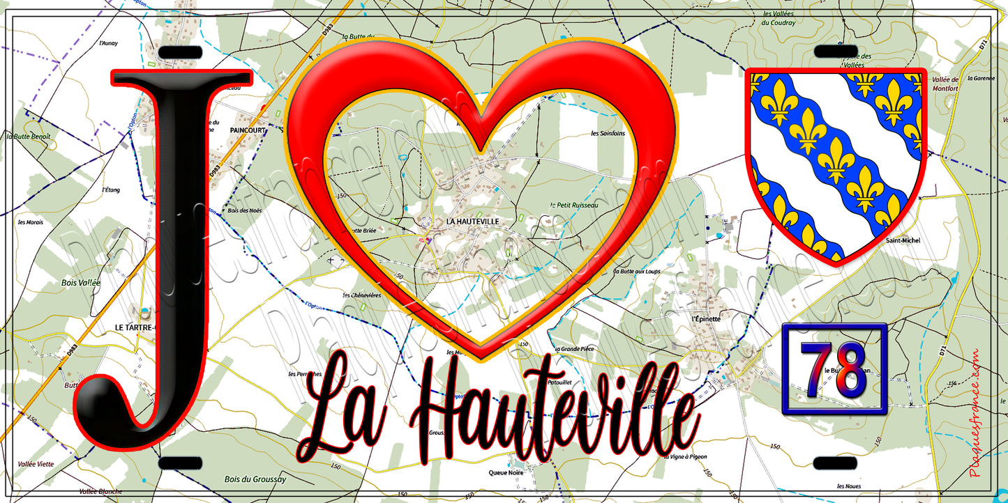 Plaque métal décorative J' ❤️ La Hauteville, Yvelines (78) fond carte