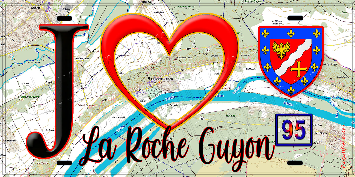 Plaque métal décorative J' ❤️La Roche Guyon, Val d'Oise (95) fond carte