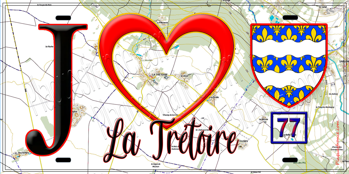 Plaque métal décorative J' ❤️La Trétoire, Seine et Marne (77) fond carte