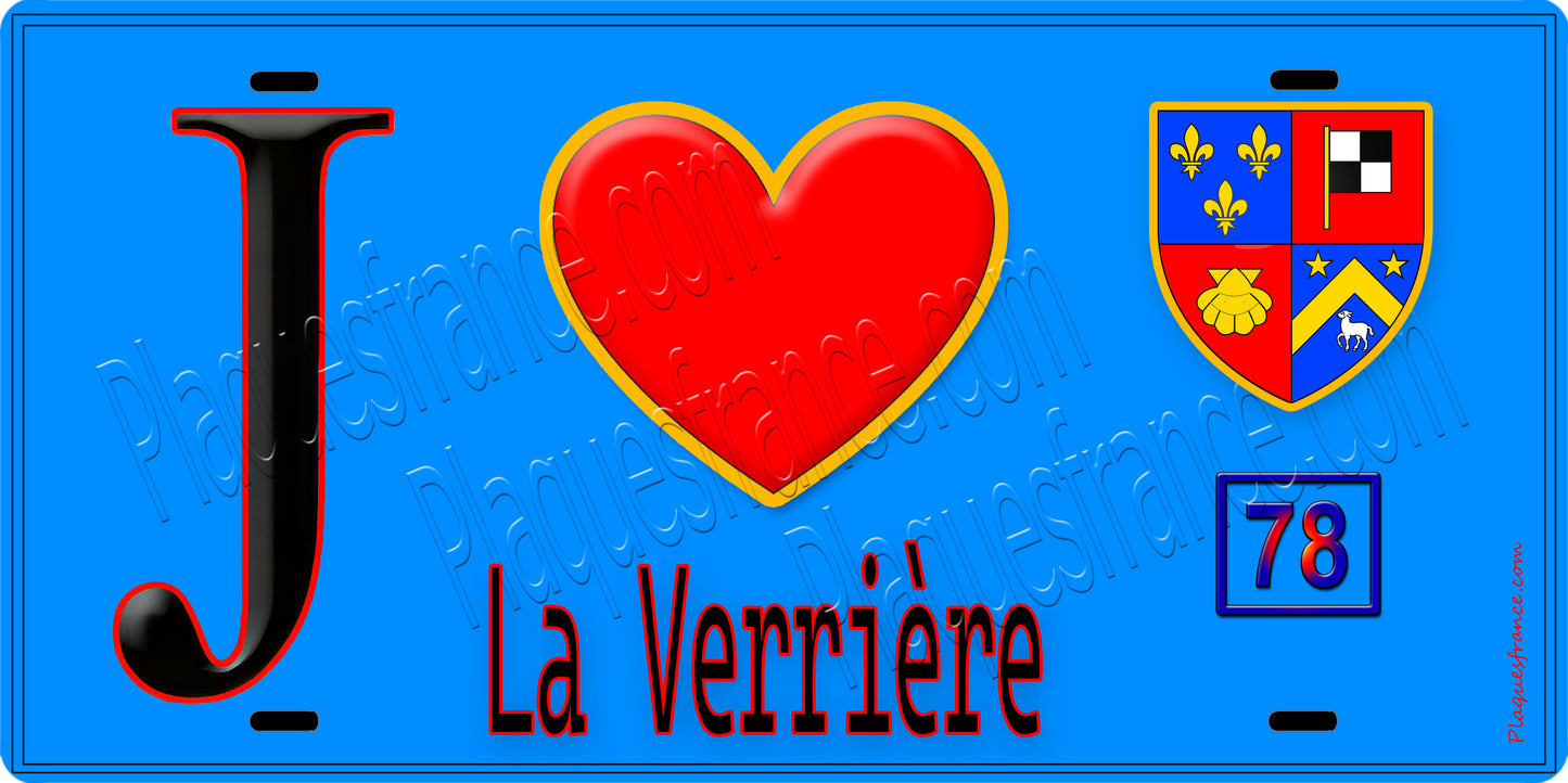 Plaque métal décorative J' ❤️ La Verrière, Yvelines (78) fond beu