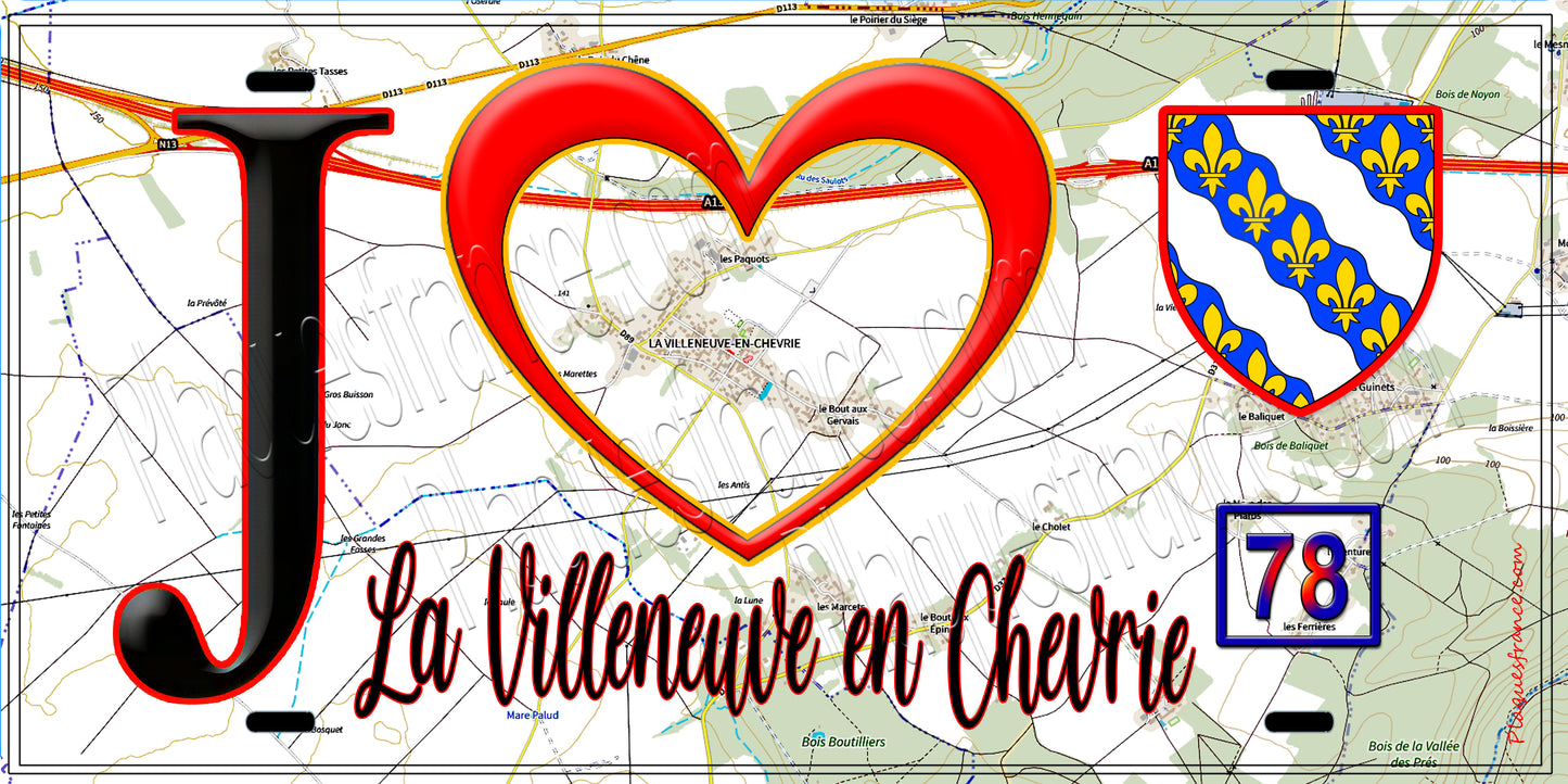 Plaque métal décorative J' ❤️ La Villeneuve-en-Chevrie, Yvelines (78) fond carte