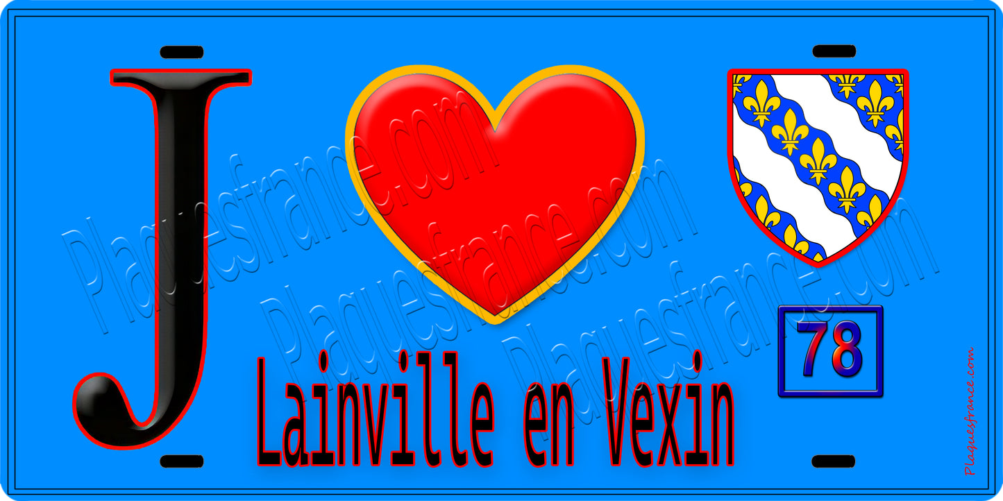 Plaque métal décorative J' ❤️ Lainville-en-Vexin, Yvelines (78) fond bleu