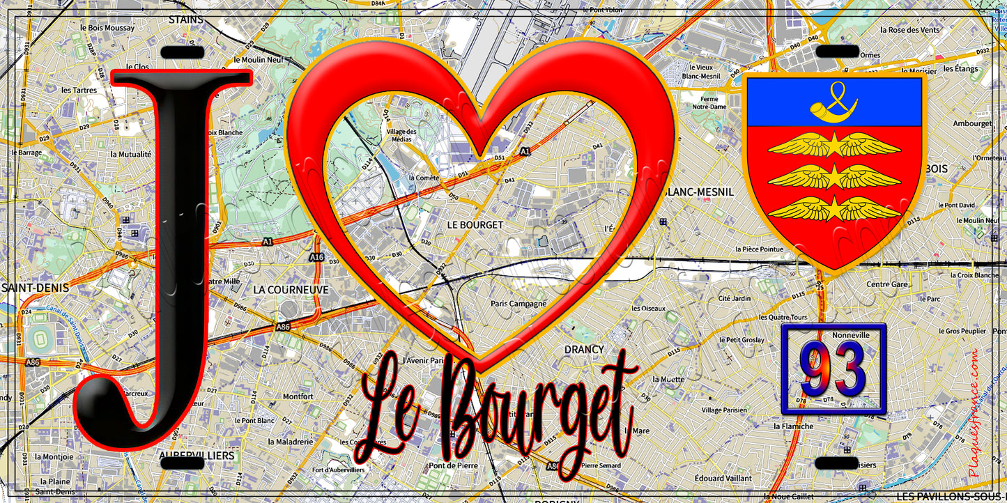 Plaque métal décorative J' ❤️Le Bourget, Seine Saint Denis (93) fond carte