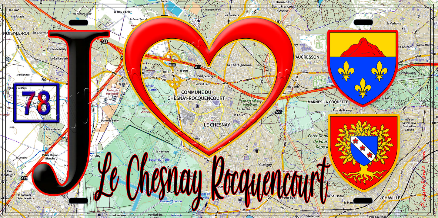 Plaque métal décorative J' ❤️ Le Chesnay-Rocquencourt, Yvelines (78) fond carte