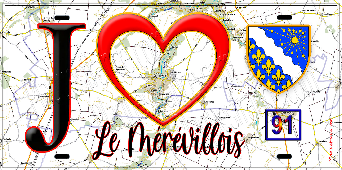 Plaque métal décorative J' ❤️Le Mérévillois, Essonne (91) fond carte