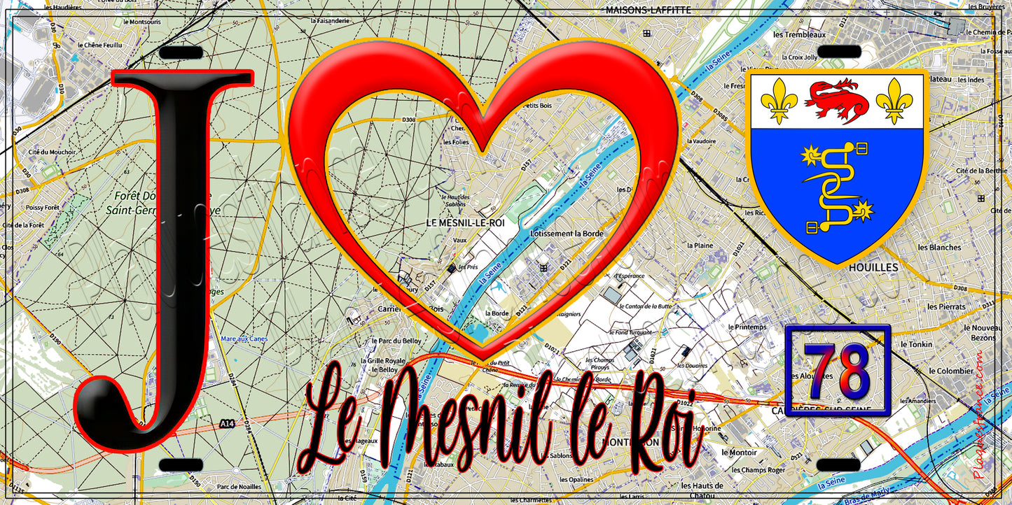 Plaque métal décorative J' ❤️ Le Mesnil-le-Roi, Yvelines (78) fond carte