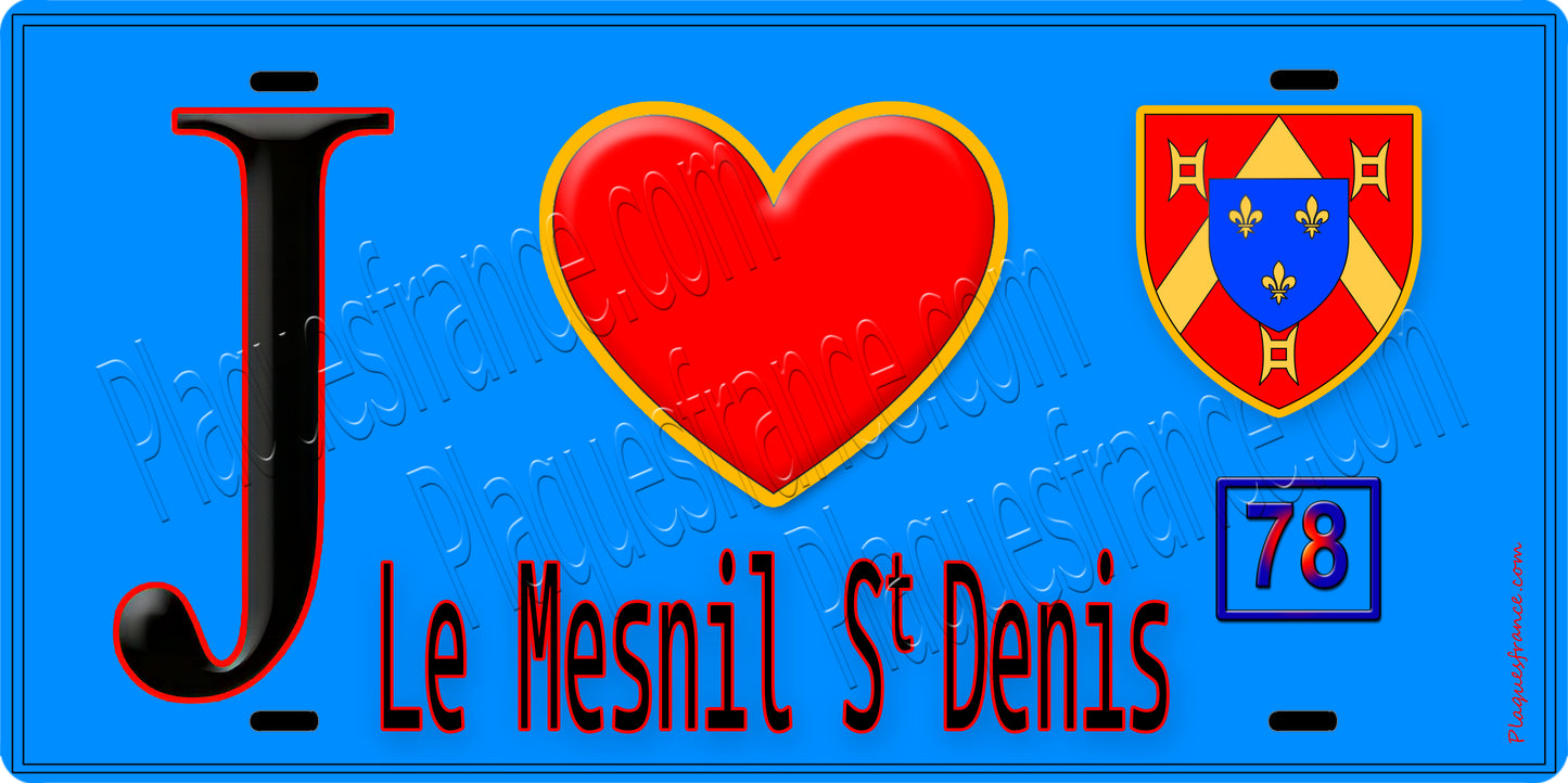 Plaque métal décorative J' ❤️ Le Mesnil-Saint-Denis, Yvelines (78) fond bleu