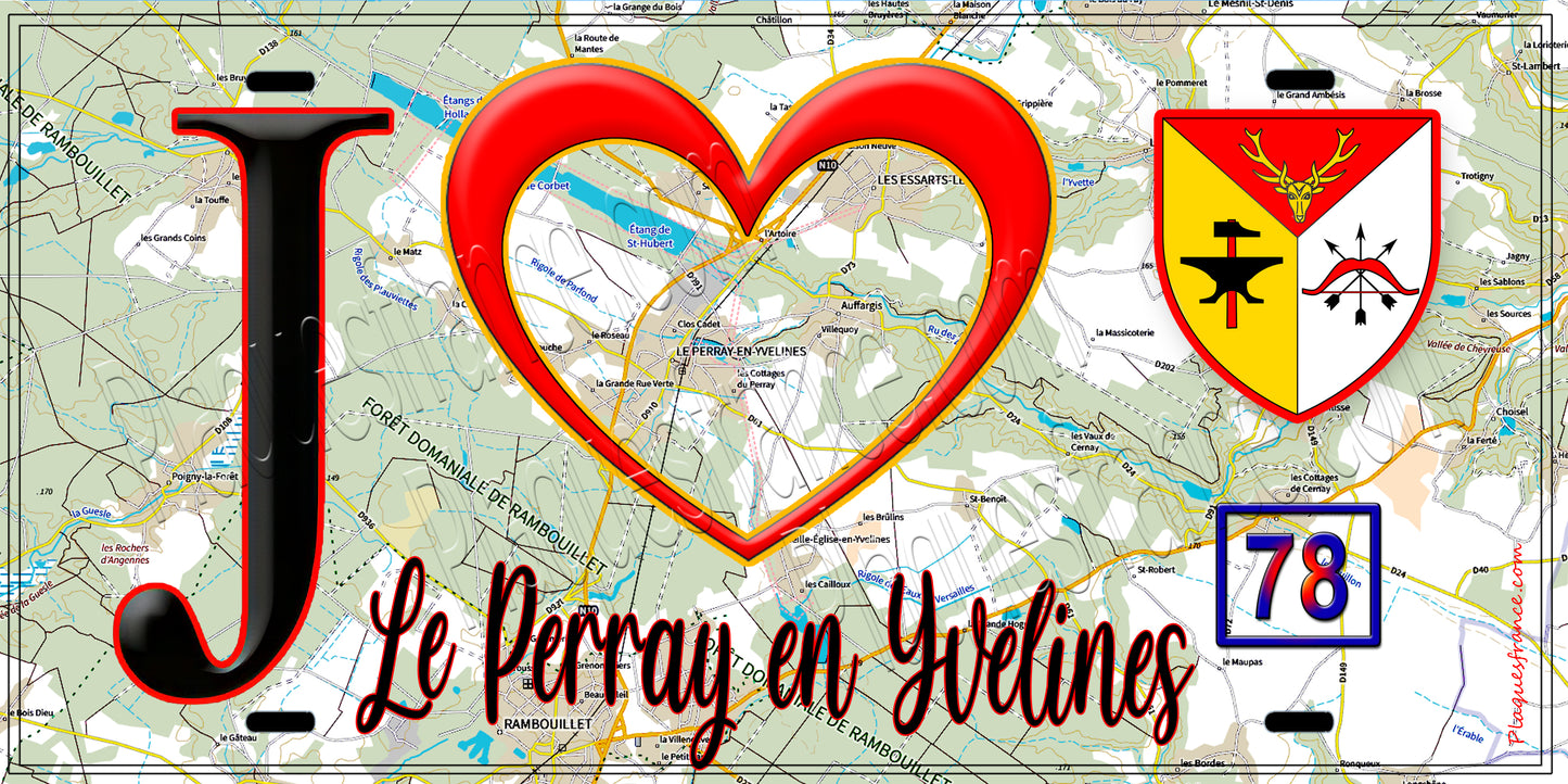 Plaque métal décorative J' ❤️ Le Perray-en-Yvelines, Yvelines (78) fond carte