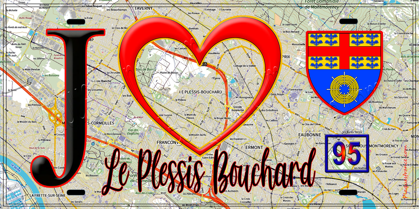 Plaque métal décorative J' ❤️Le Plessis-Bouchard, Val d'Oise (95) fond carte