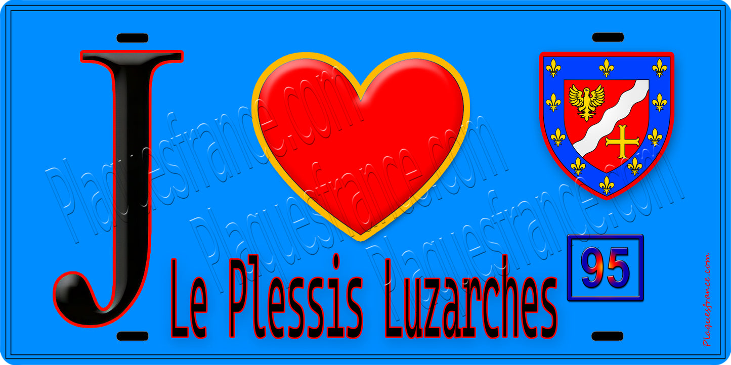 Plaque métal décorative J' ❤️Le Plessis-Luzarches, Val d'Oise (95) fond bleu