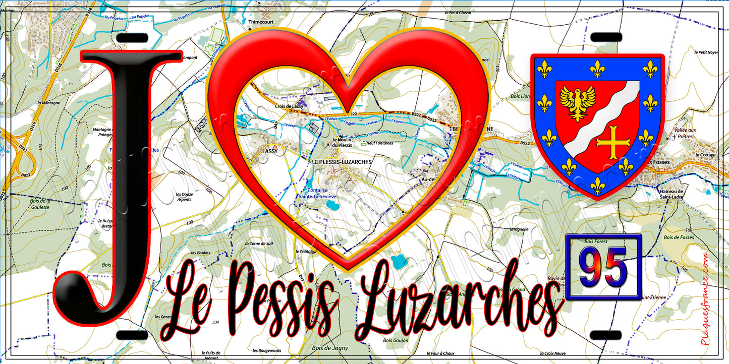 Plaque métal décorative J' ❤️Le Plessis-Luzarches, Val d'Oise (95) fond carte