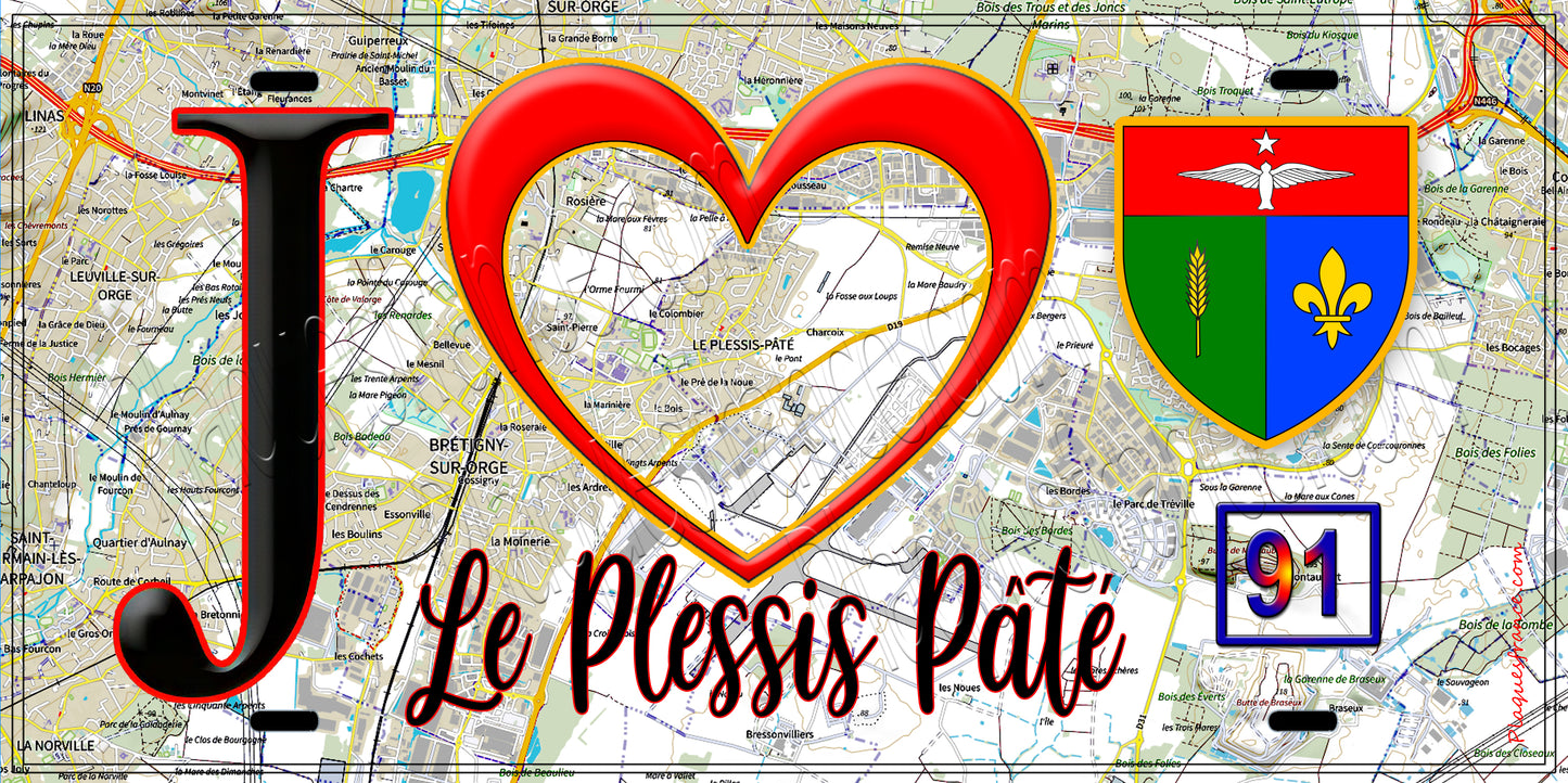 Plaque métal décorative J' ❤️Le Plessis-Pâté, Essonne (91) fond carte