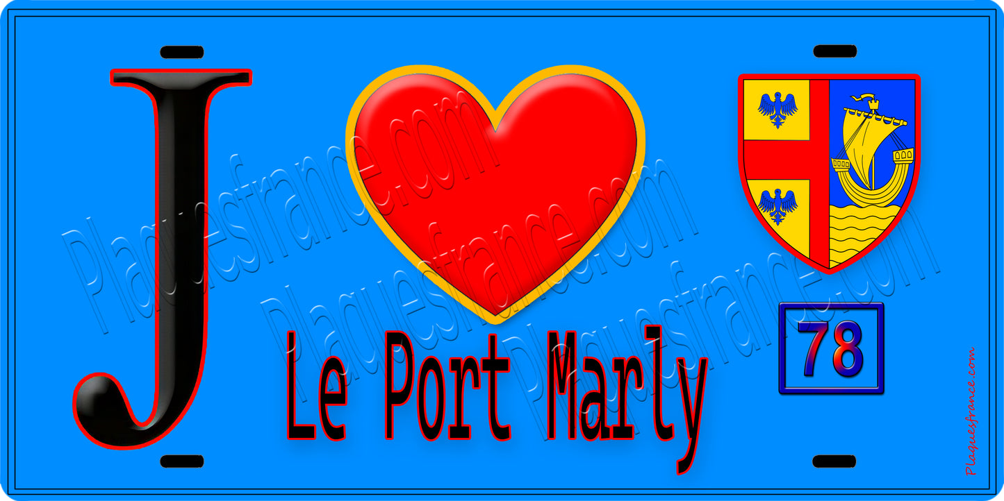 Plaque métal décorative J' ❤️ Le Port-Marly, Yvelines (78) fond bleu