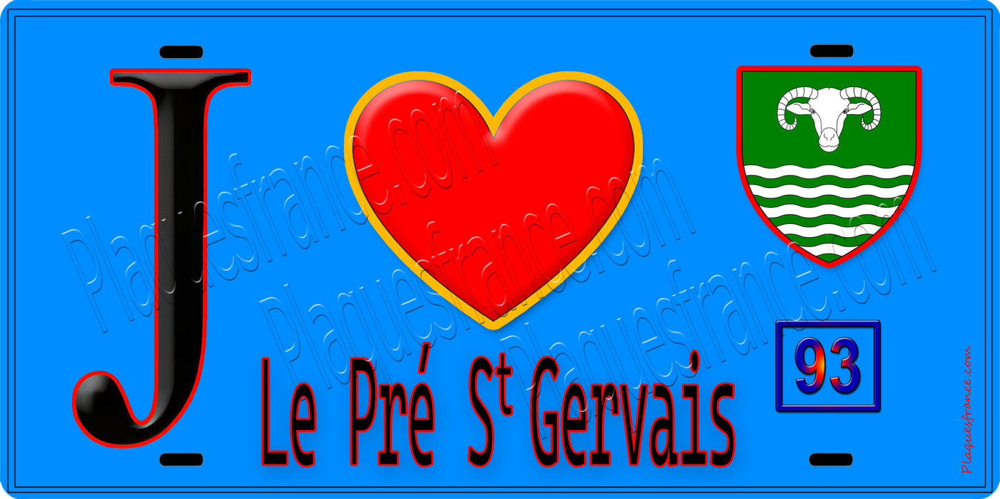 Plaque métal décorative J' ❤️Le Pré-Saint-Gervais, Seine Saint Denis (93) fond bleu