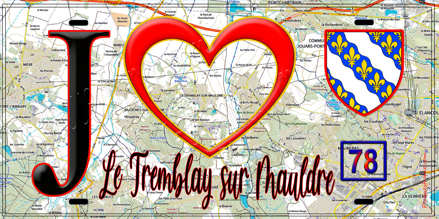 Plaque métal décorative J' ❤️ Le Tremblay-sur-Mauldre, Yvelines (78) fond carte